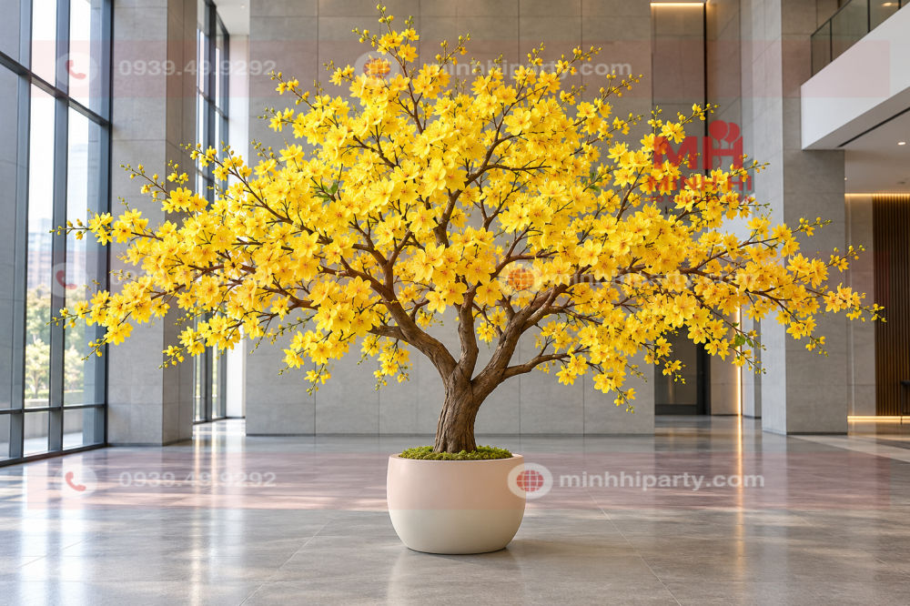 Cây mai vàng tết 2027 giả tán xòe trang trí sảnh lớn, tạo điểm nhấn cho không gian đón Tết 2027.