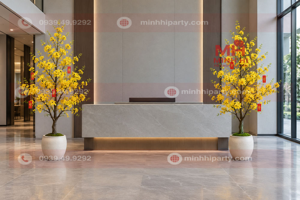 Trang trí tết 2027 với cây mai giả dáng đứng tán gọn trang trí khu vực lễ tân, cành hoa vàng phân tầng để lộ thân cây.
