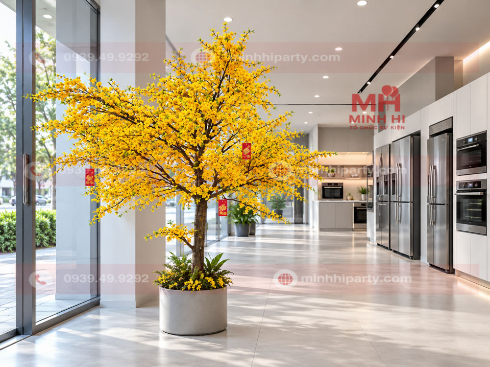 Cây mai giả trang trí tết cho showroom hoa vàng, treo bao lì xì đỏ trong chậu xám, đặt cạnh cửa kính và tách khỏi khu trưng bày.