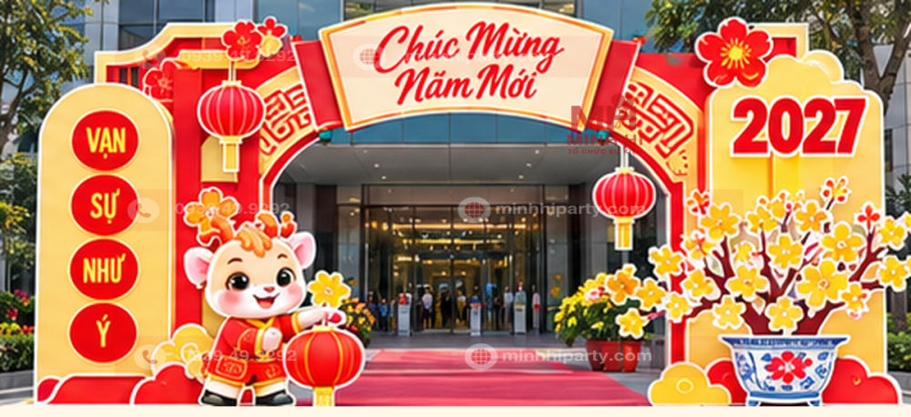Cổng chào tết 2027 cho công ty hiện đại với Linh Vật và mai vàng