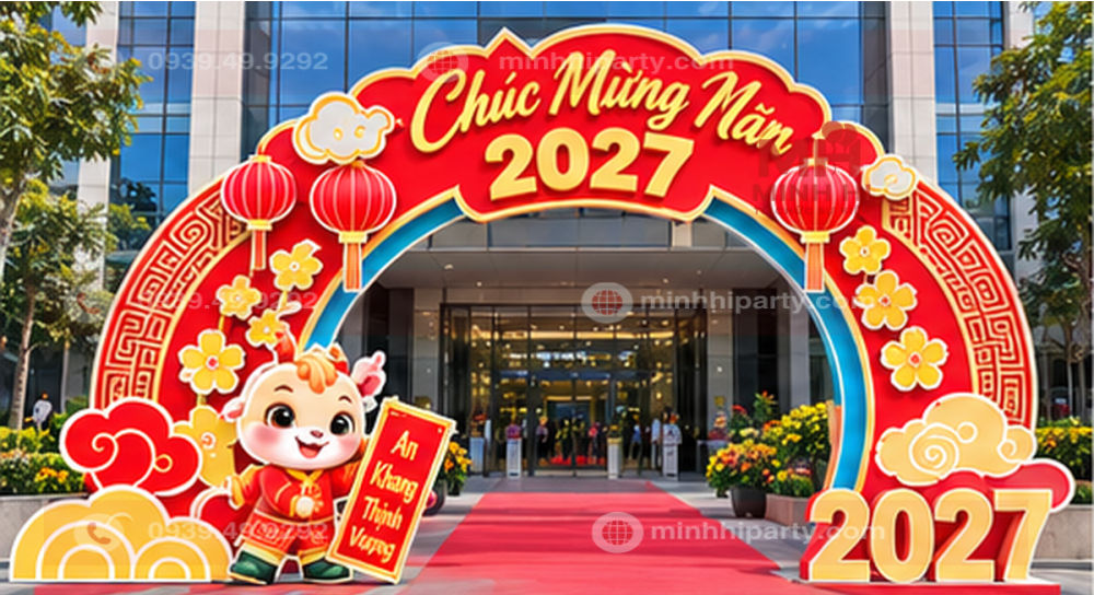 Trang trí Cổng chào Tết 2027 dạng vòm công ty đẹp bằng formex cho Xuân Đinh Mùi 2027