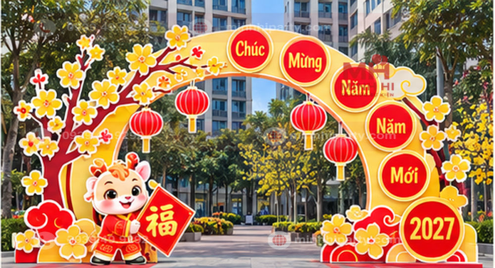 Mẫu cổng chào Tết chung cư đẹp với hoa mai ngoài trời năm 2027