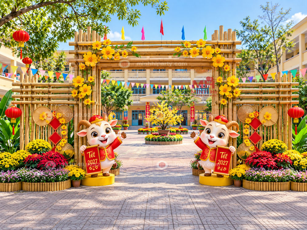 Cổng chào trang trí tết 2027 với thiết kế truyền thống cho trường học với cổng tre