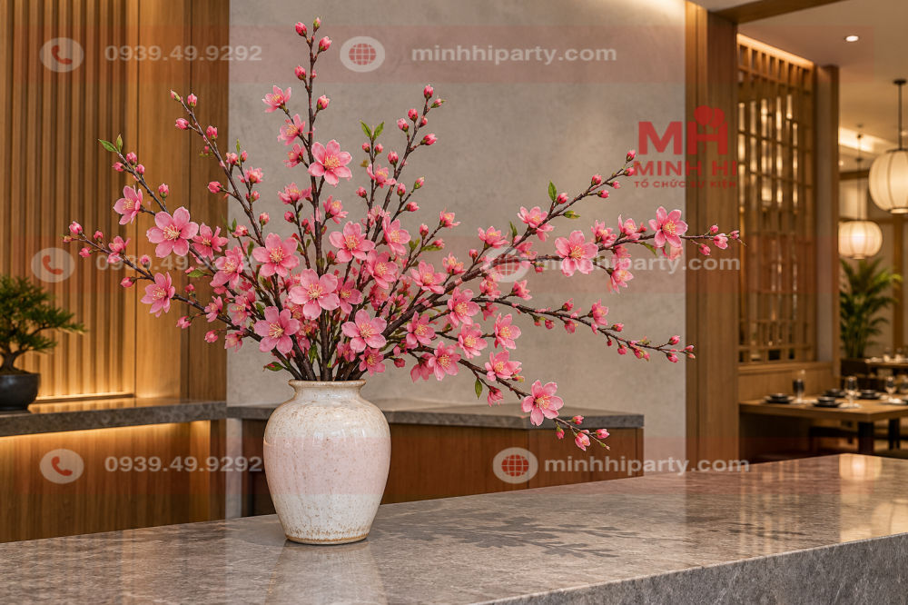Đào cành trang trí Tết 2027 bằng hoa giả màu hồng cắm bình gốm tại quầy đón khách nhà hàng.