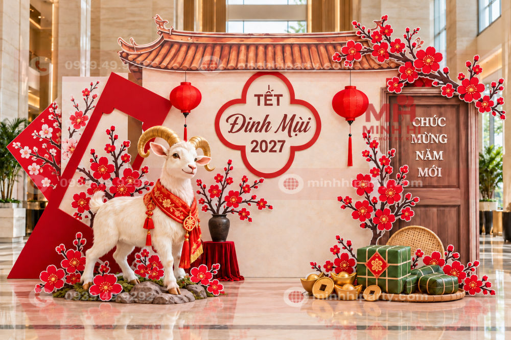 decor tet 2027 voi mo hinh va linh vat nam dinh mui Decor tết 2027 với mô hình 3D nổi và Linh Vật Dê năm Đinh Mùi
