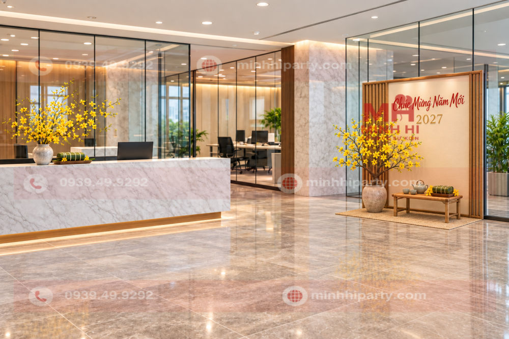 Decor tiểu cảnh tết với thiết kế nhỏ gọn với mai vàng cho doanh nghiệp