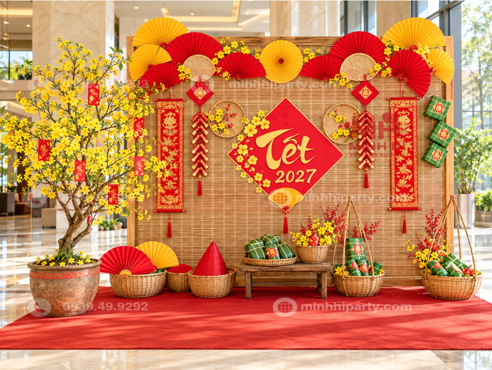 Decor tết Đinh Mùi 2027 với tiểu cảnh sắc đỏ vàng và vật liệu dân gian