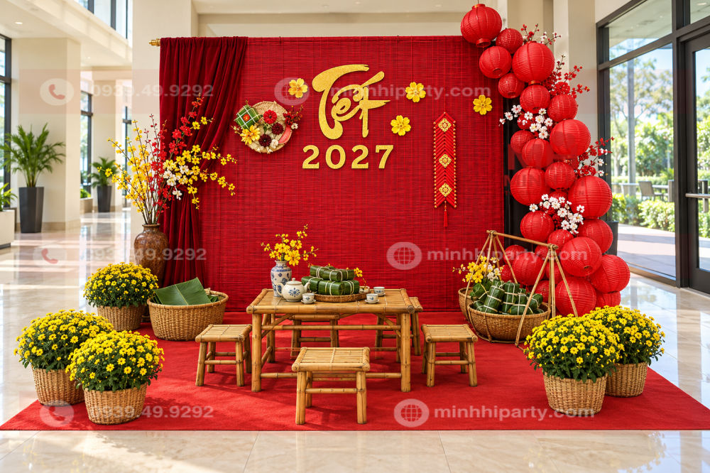 Decor tiểu cảnh tết 2027 với bánh tét cho góc sum hợp
