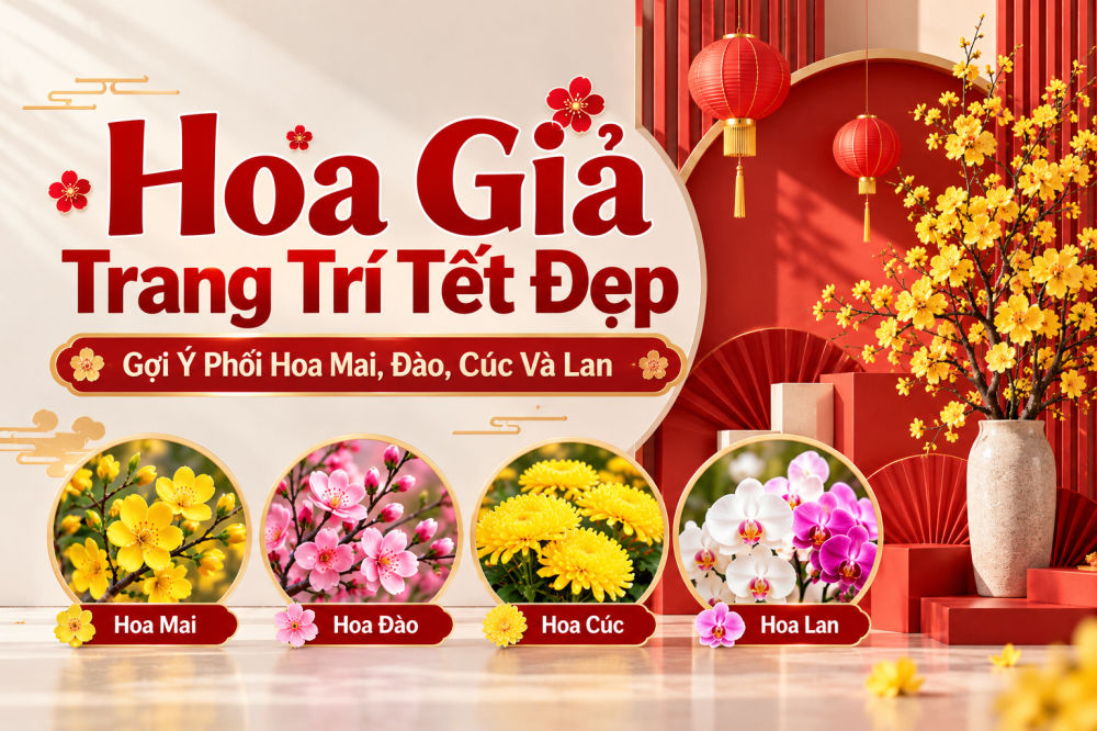 Hoa giả trang trí Tết 2027 đẹp với hoa mai vàng, đào hồng, cúc vàng và lan hồ điệp phối theo phong cách hiện đại.