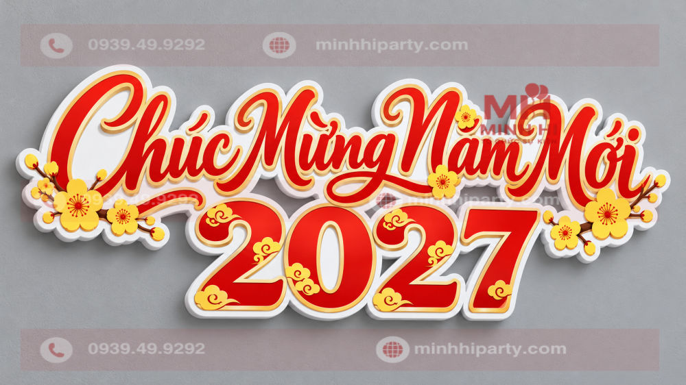 Bộ chữ Chúc Mừng Năm Mới 2027 formex đỏ vàng trang trí Tết với họa tiết hoa mai