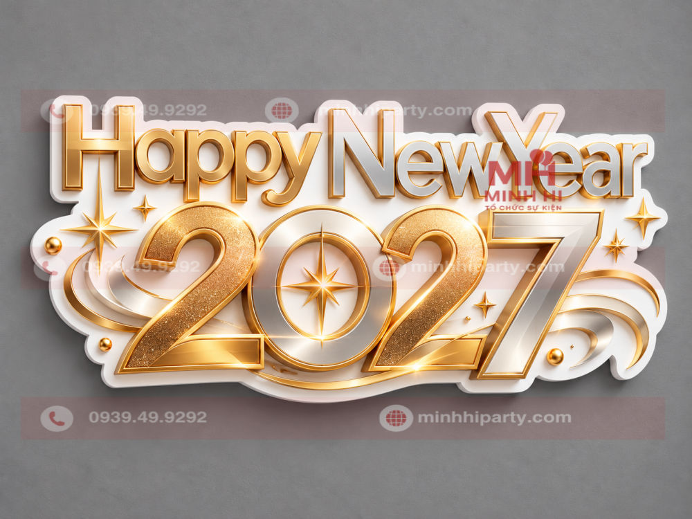 Chữ Happy New Year 2027 nổi 3D màu vàng champagne phối bạc và viền formex trắng hiện đại