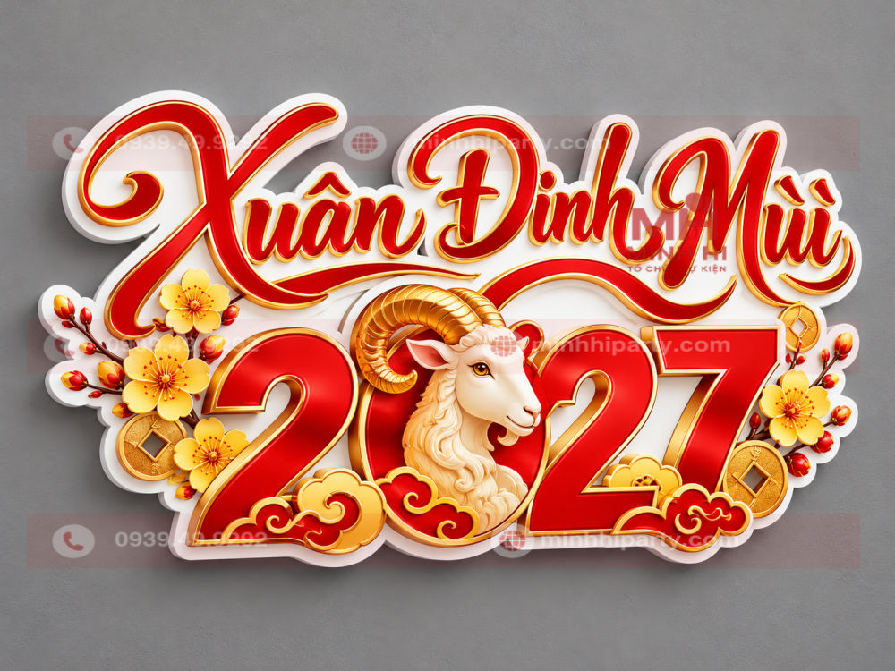 Chữ Xuân Đinh Mùi 2027 nghệ thuật bằng formex kết hợp linh vật dê và hoa mai vàng