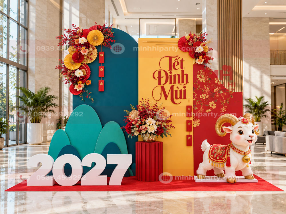 mau trang tri tet 2027 phoi mau do vang hai hoa Mẫu trang trí tết dạng tiểu cảnh cho năm 2027 phối màu đỏ vàng hài hoà