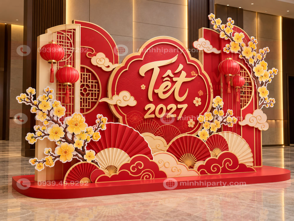 Mẫu trang trí Tết hiện đại bằng vách Fomex 3D nhiều lớp, kết hợp chữ Tết 2027 nổi, hoa mai viền trắng, quạt giấy và đèn lồng.