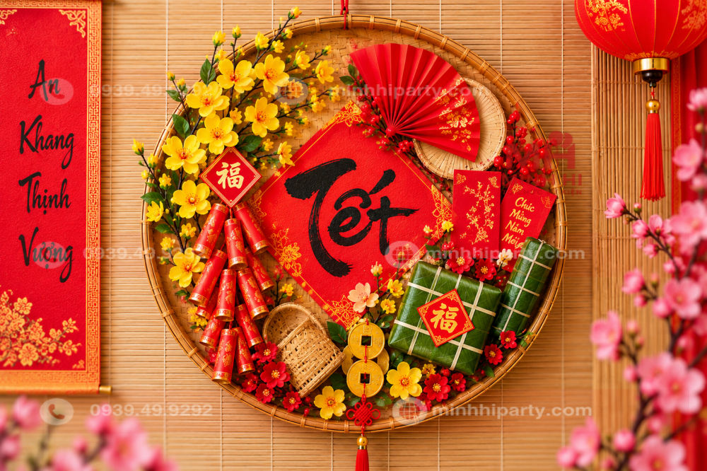 met tre phu kien trang tri tet truyen thong Mẹt tre trang trí Tết xưa kết hợp quạt giấy đỏ, bao lì xì, bánh chưng mini, dây pháo và đồng xu may mắn, phù hợp trang trí backdrop Tết cổ truyền.