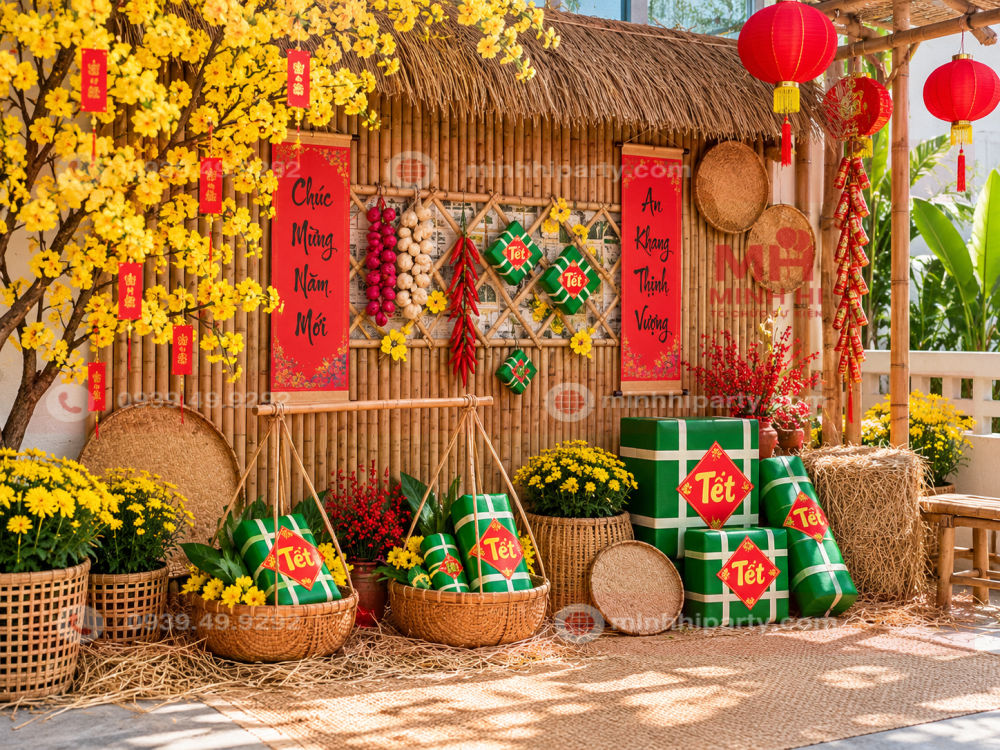 Mô hình bánh chưng bánh tét kết hợp cùng hoa mai và phụ kiện truyền thống, trang trí tiểu cảnh Tết với nhà tre, mẹt tre, quang gánh và câu đối đỏ.
