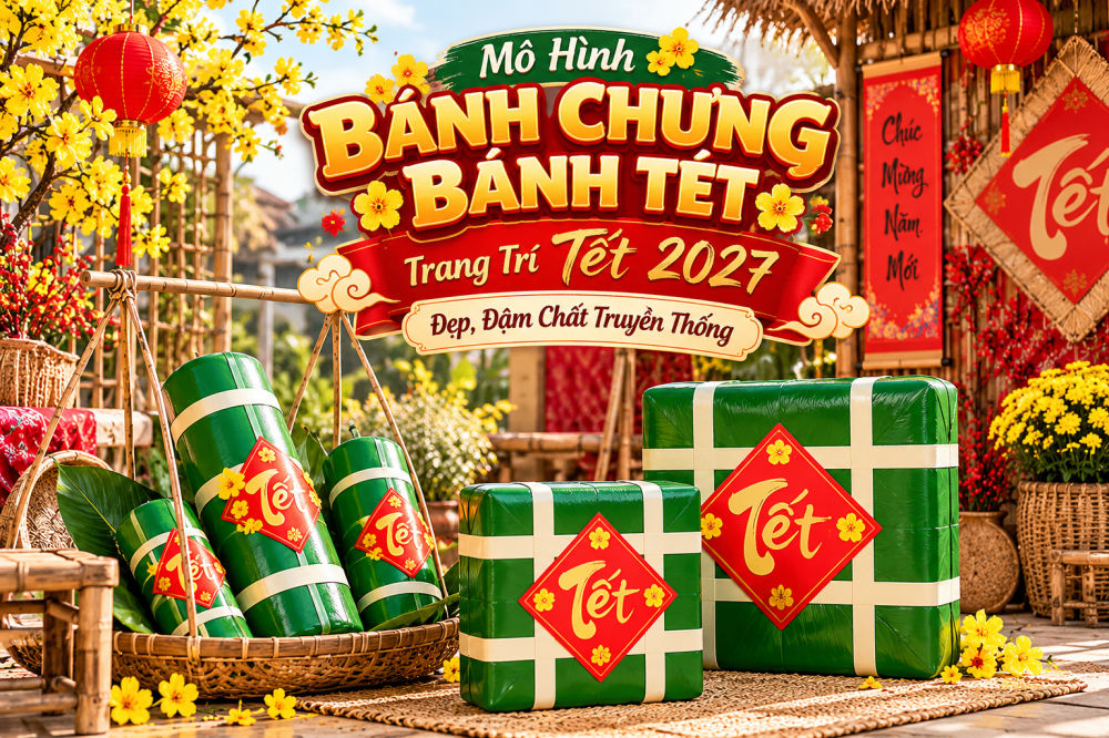 Mô hình bánh chưng bánh tét trang trí Tết 2027 đẹp, đậm chất truyền thống, kết hợp hoa mai vàng, mẹt tre, quang gánh và tiểu cảnh Tết Việt.