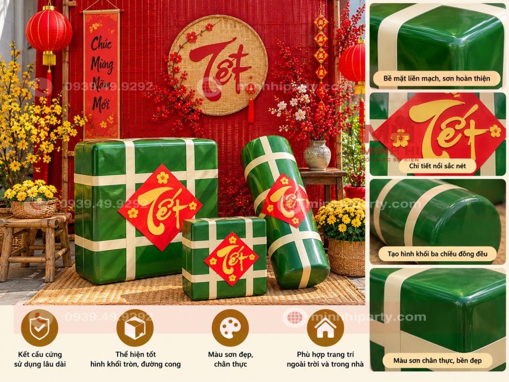 Mô hình bánh chưng bánh tét bằng composite cốt sợi thủy tinh, bề mặt sơn xanh bóng liền mạch, trang trí tiểu cảnh Tết 2027 với hoa mai và backdrop đỏ.