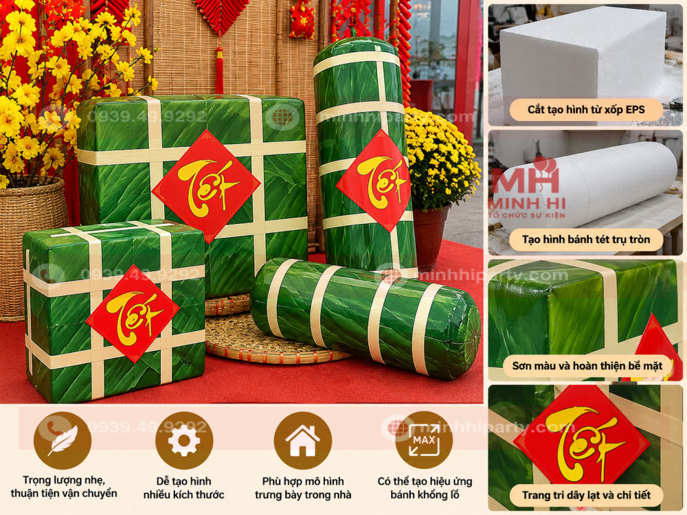 Mô hình bánh chưng bánh tét bằng xốp EPS tạo hình vuông và trụ tròn, sơn xanh lá, trang trí dây lạt, phục vụ trang trí tiểu cảnh Tết 2027.