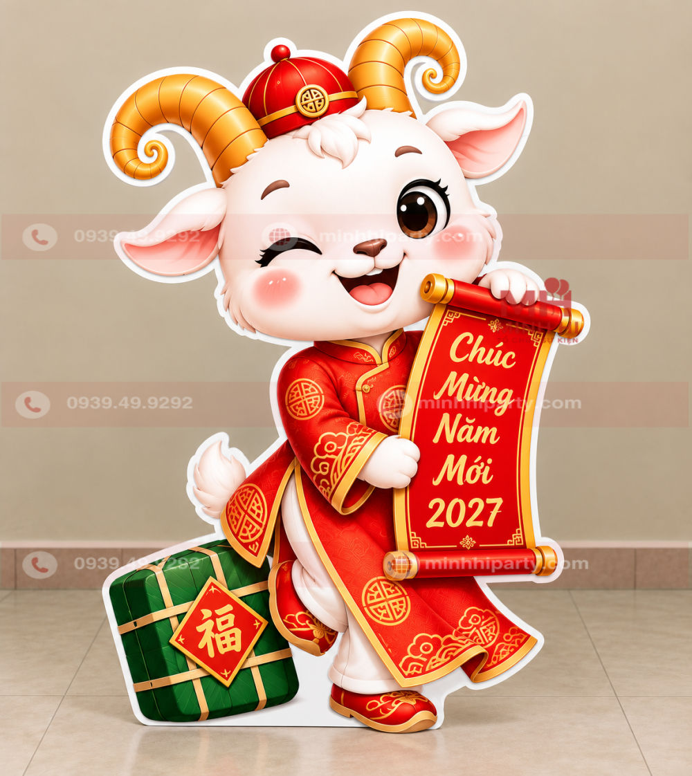 mo hinh chibi tet 2027 de truyen thong Mô hình dê trang trí Tết phong cách truyền thống Việt Nam, kết hợp hoa mai, bánh chưng và câu đối đỏ bằng formex.