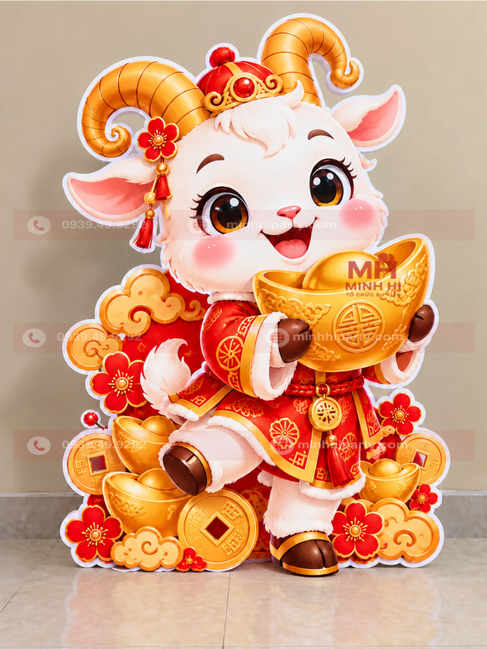 mo hinh de vang tai loc tet 2027 Mô hình trang trí Tết 2027 hình dê vàng tài lộc bằng formex cắt CNC, thiết kế chibi ôm thỏi vàng may mắn.