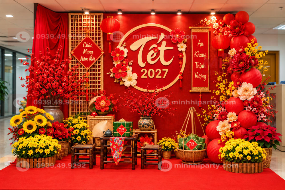 Hoa giả trang trí tiểu cảnh Tết 2027 kết hợp hoa đồng tiền, hoa mẫu đơn, hoa hướng dương, hoa trạng nguyên cùng backdrop đỏ và phụ kiện Tết truyền thống.