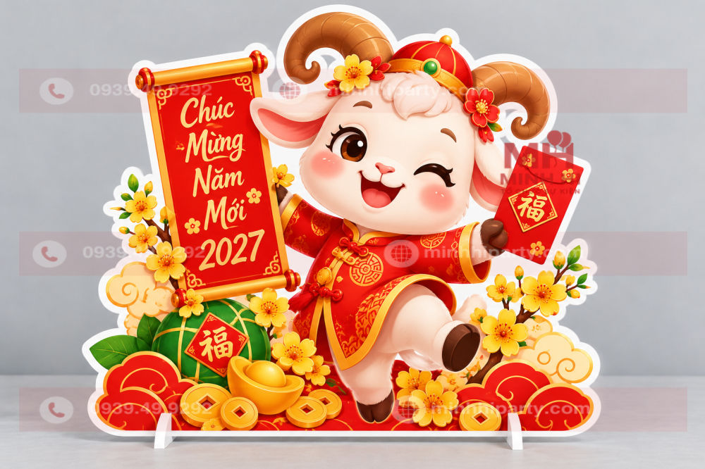Standee linh vật dê Tết 2027 chibi dễ thương, formex cắt CNC viền trắng, trang trí hoa mai, bao lì xì và lời chúc mừng năm mới.