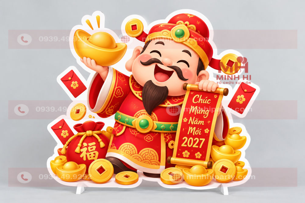 Standee Tết 2027 cắt theo hình Thần Tài chibi dễ thương, viền trắng nổi bật, trang trí thỏi vàng, đồng tiền và lời chúc năm mới.
