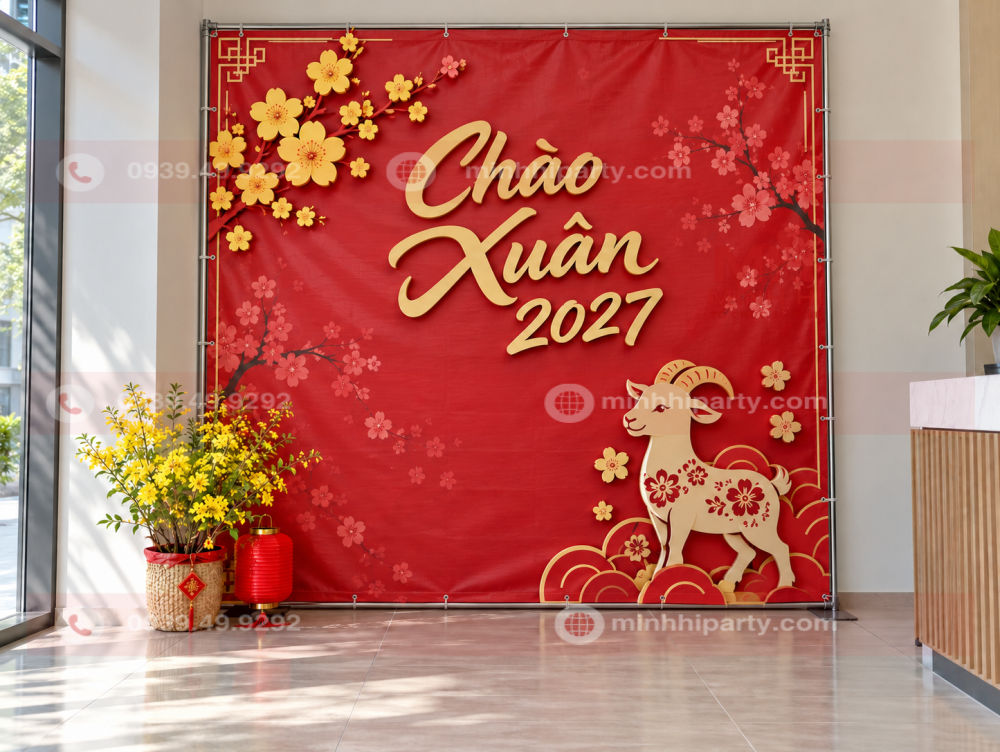 thiet ke backdrop tet 2027 voi phong phang hoa tiet noi Thiết kế phông backdrop tết 2027 với phông phẳng hội tiết nổi