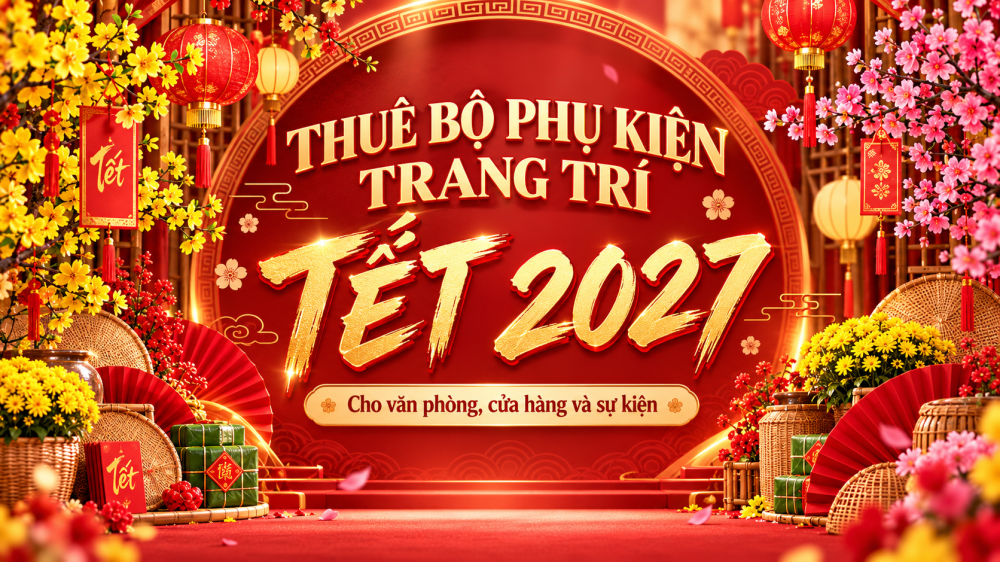 Thuê bộ phụ kiện trang trí Tết 2027 với cây mai, hoa đào, đèn lồng, mẹt tre và decor Tết truyền thống tại Minh Hi Party.