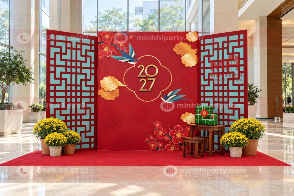 trang tri backdrop tet 2027 truyen thong Trang trí backdrop tết 2027 dạng truyền thống chất liệu bạt hiflex kết hợp thảm đỏ