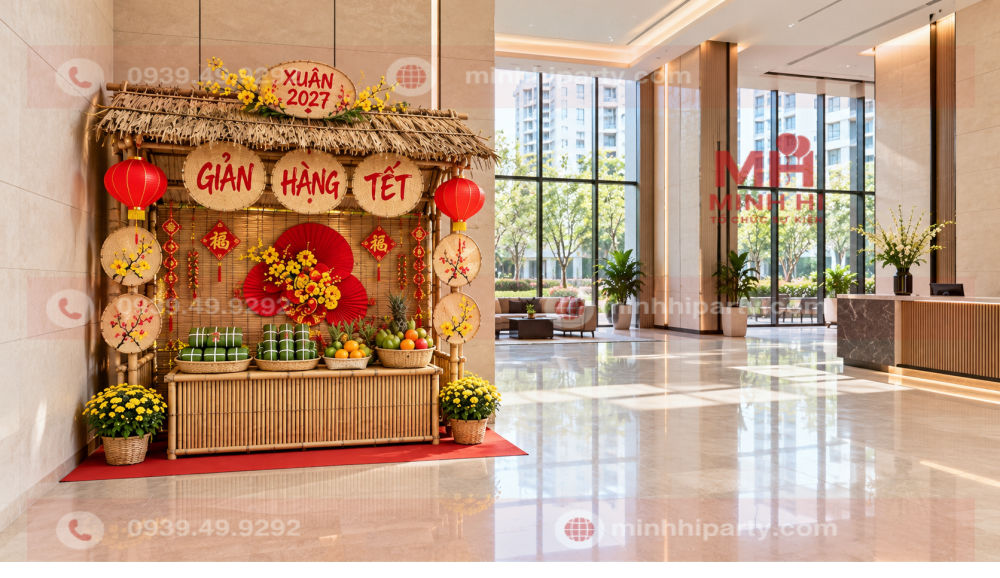 Trang trí tết 2027 với không gian Tết cộng đồng với một gian hàng khung tre, mái lá và vách mành tre đặt tại góc sảnh chung cư.