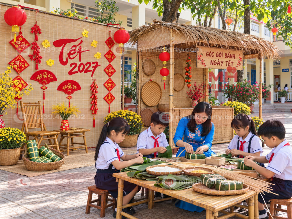 Trang trí gian hàng tết 2027 cho trường học và hội xuân