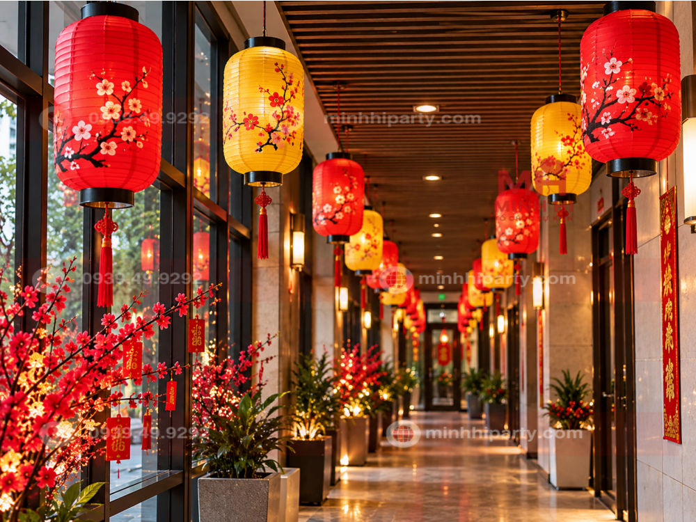 Trang trí đèn lồng Tết tại hành lang bằng đèn lồng hình trụ đỏ vàng họa tiết hoa xuân, treo đều dọc lối đi khách sạn.
