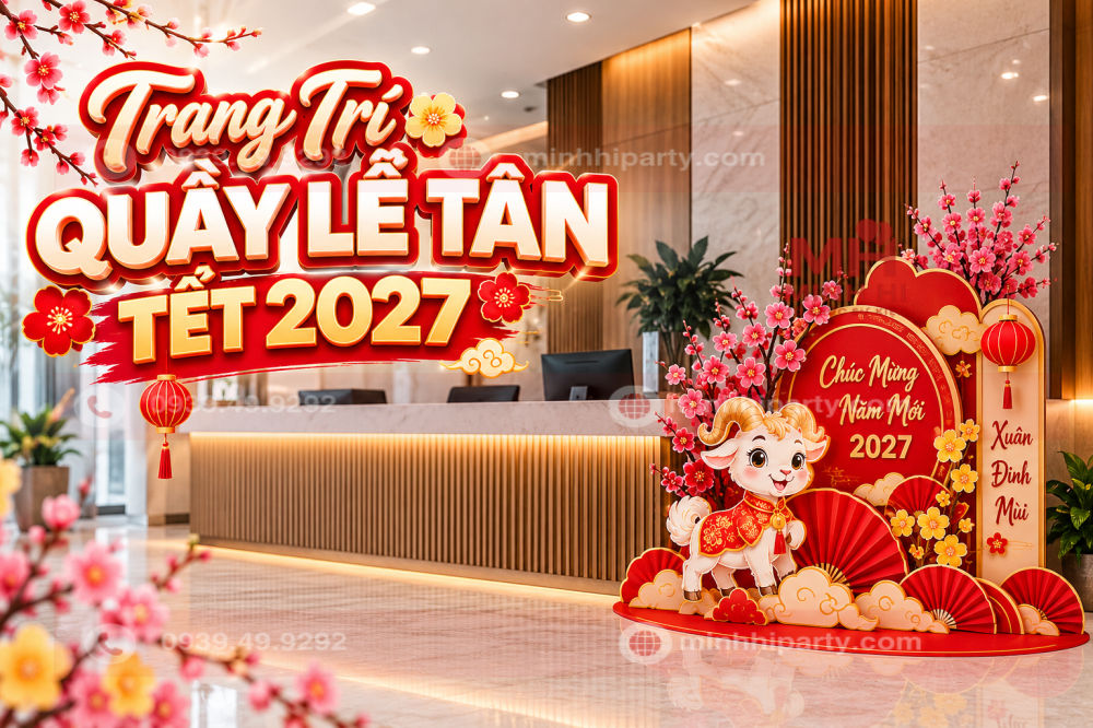 trang tri quay le tan tet 2027 Trang trí quầy lễ tân Tết 2027 với tiểu cảnh dê chibi, backdrop formex CNC hiện đại.