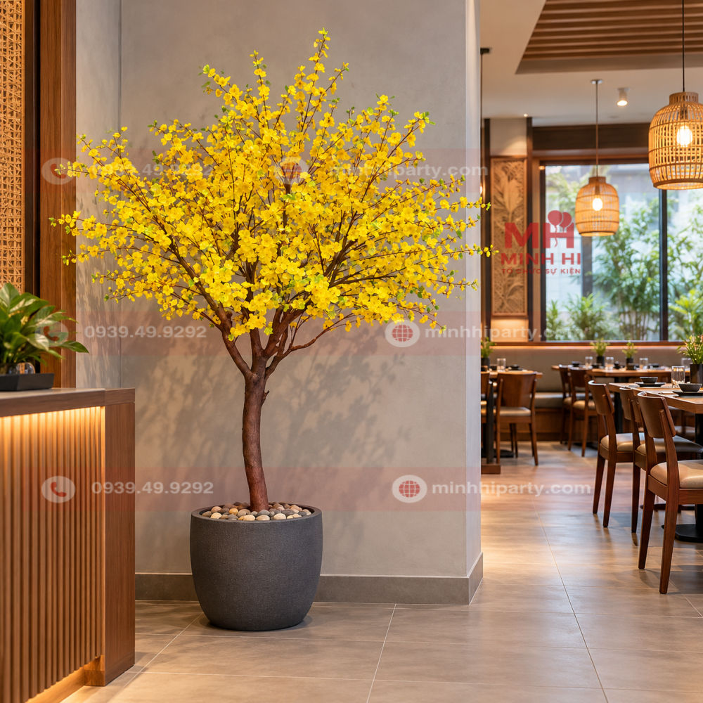 Cây mai trang trí nhà hàng tết 2027 với hoa vàng, thân dáng đứng trong chậu xám, đặt cạnh quầy đón khách.