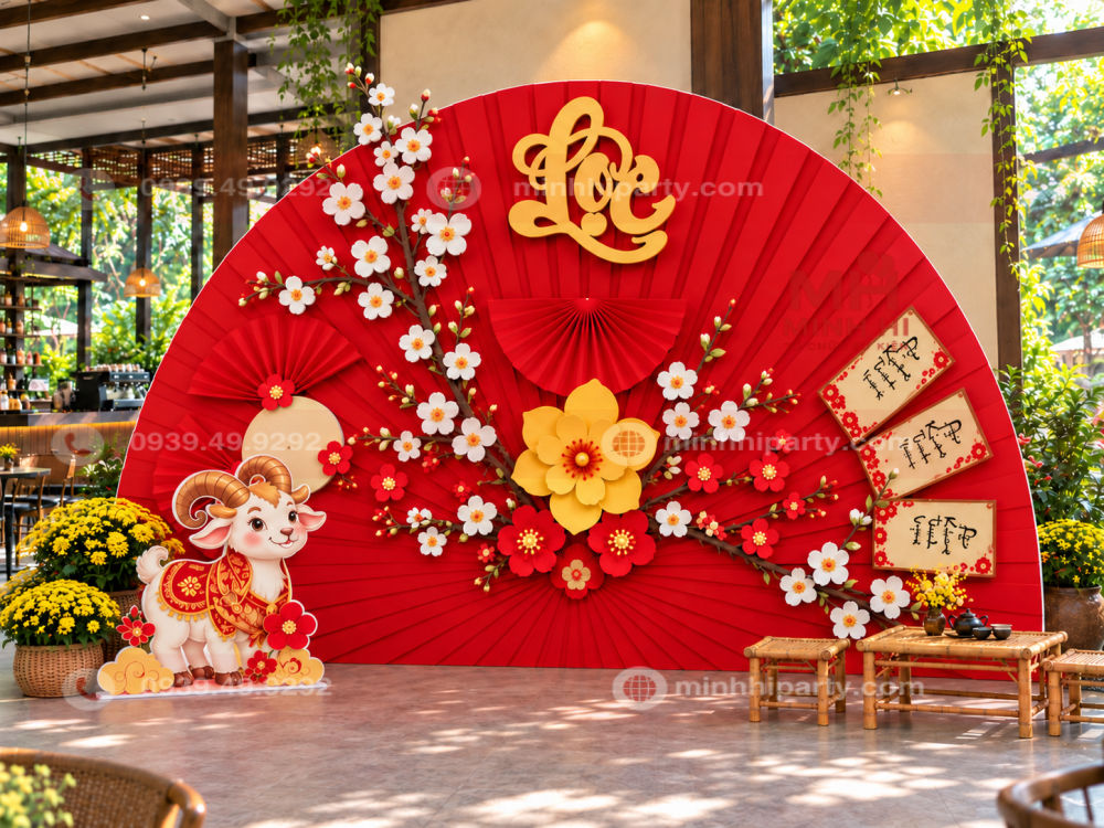Trang trí tiểu cảnh tết 2027 cho nhà hàng với gốc check in tạo điểm nhấn có chiều sâu