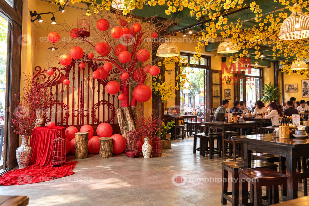Trang trí tết 2027 cho quán cafe vị trí sát tường
