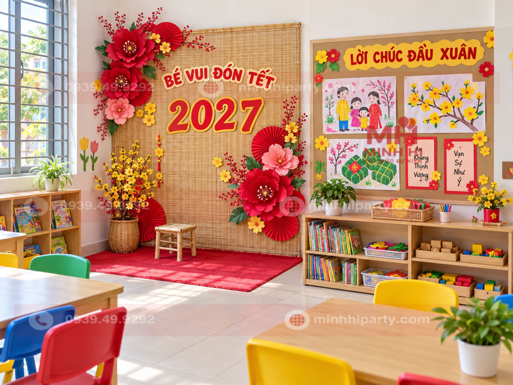 Trang trí lớp học ngày Tết 2027 với phông mành tre, hoa giấy, số 2027 và bảng lời chúc đầu Xuân.