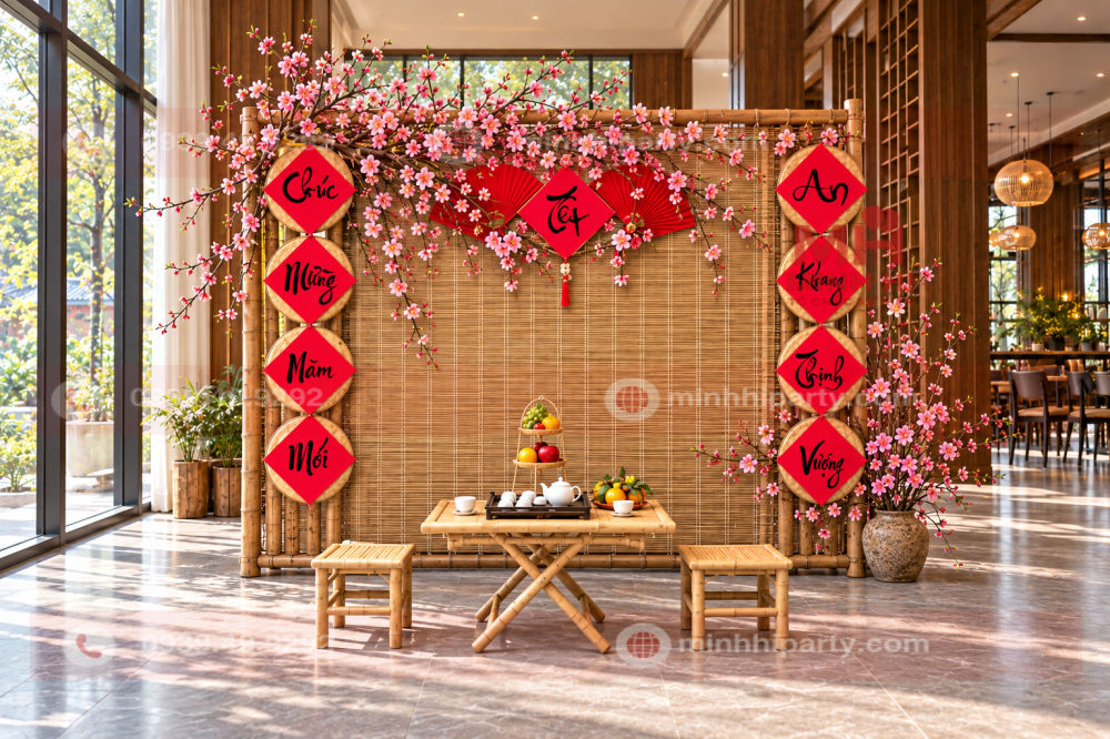 Trang trí tiểu cảnh tết 2027 với hoa đào cho góc đón xuân thêm rực rỡ