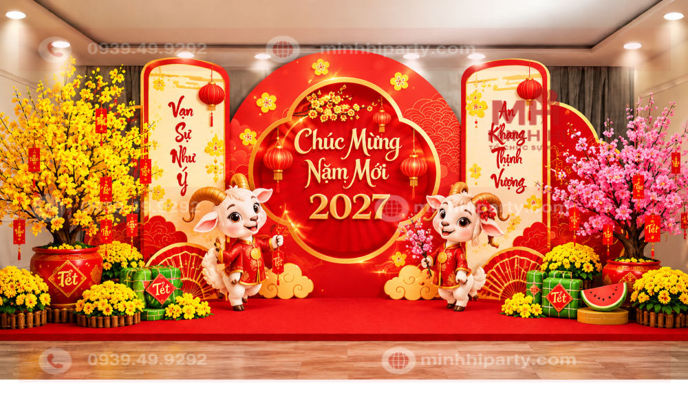 Hoa mai giả trang trí Tết 2027 kết hợp backdrop đỏ vàng, linh vật dê Đinh Mùi và tiểu cảnh check-in ngày xuân.