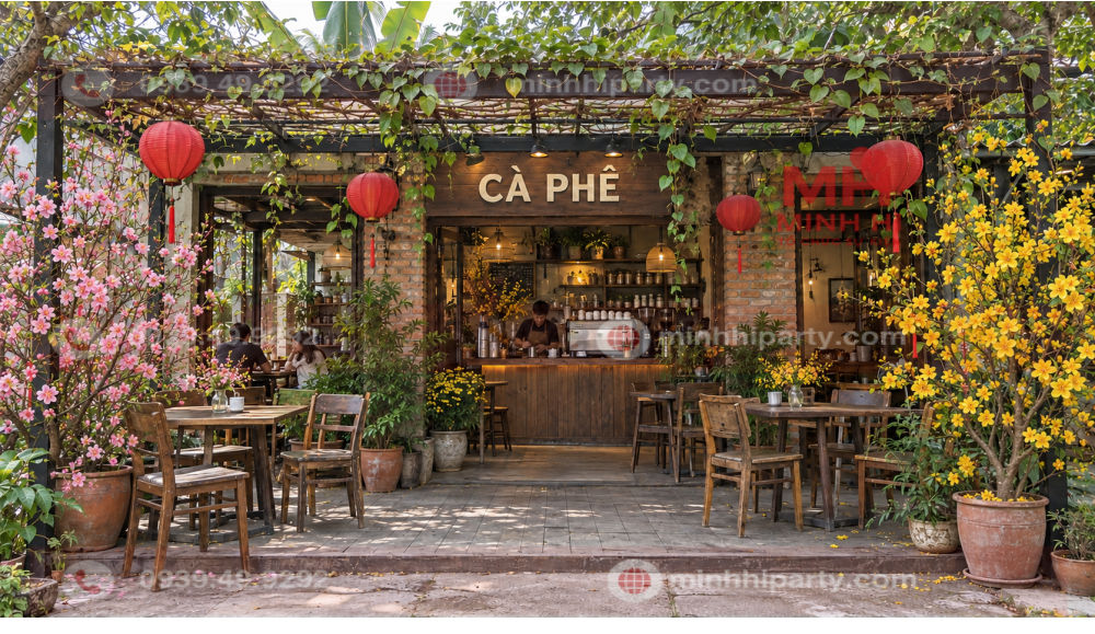 Trang trí tết 2027 với hoa mai, hoa đào ngày Tết - trang trí quán cafe sân vườn với lồng đèn đỏ và quầy pha chế.