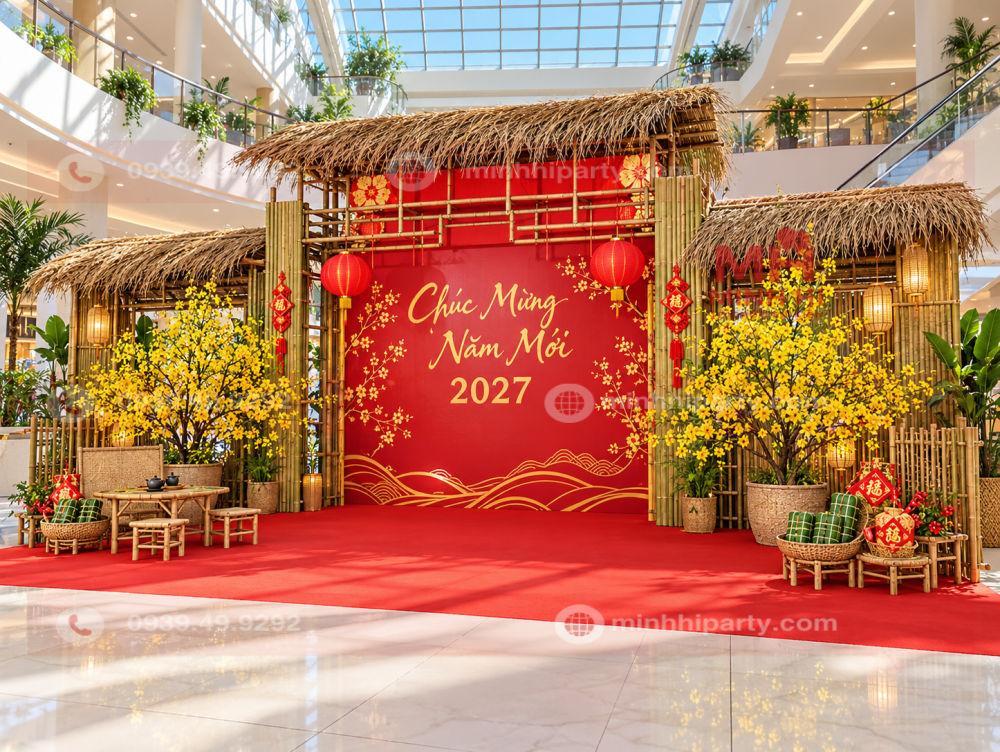 Trang trí tết 2027 với tiểu cảnh mai vàng có chiều sâu cho trung tâm thương mại